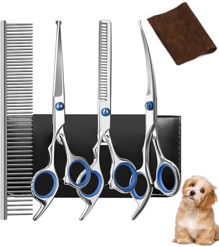 Ciseaux de Toilettage pour Chiens, 5 en 1 toilettage Chien Professionnel, Kit Ciseaux de toilettage pour Chat Animaux, ciseaux pour Chien Acier Inoxydable(Bleu)