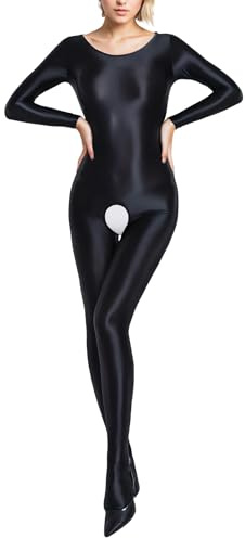 Happy Cherry Women Shiny Oily Open Crotch Bodysuit Sexy Glossy Crewneck Long Sleeve Full Jumpsuit