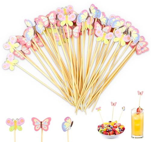 Xiuyer Palillos para Aperitivos, 100 Piezas Palillos Decorativos para Aperitivos, Palillos de Cóctel 12cm para Cóctel, Sándwiches, Pastelería Frutas,Cumpleaños,Fiesta(Mariposa)