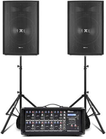 Vonyx SL15 PA System with Powered Mixer, Dual 15 Passive Speakers, Stands & Cables – 800W Band, Church & Singer Sound Package