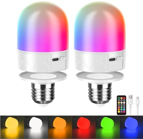 HARPER LIVING Bombillas LED recargables por USB con control remoto, tornillo E27 y magnético, regulables, 9 colores, bombillas RGB, 3000 mAh, funciona con pilas, luz nocturna, 3 temporizadores/memoria