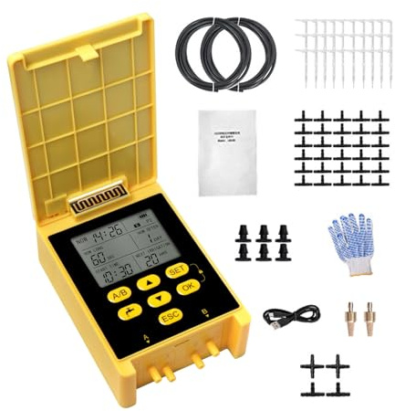 Kit d'irrigation à double pompe à énergie solaire, Système d'arrosage automatique de verrouillage pour enfants Lock 2 groupe avec écran d'affichage numérique à détection de pluie (pour 30 plantes en