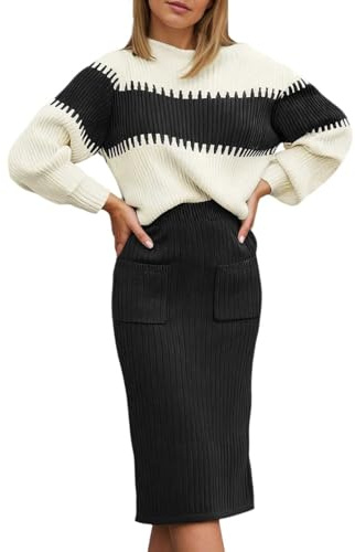 Generisch Set da donna in due pezzi in maglia e gonna – Elegante insieme con strisce a blocchi e maniche a palloncino | Combinazione a costine per autunno e inverno, Stil_e01 Nero, S