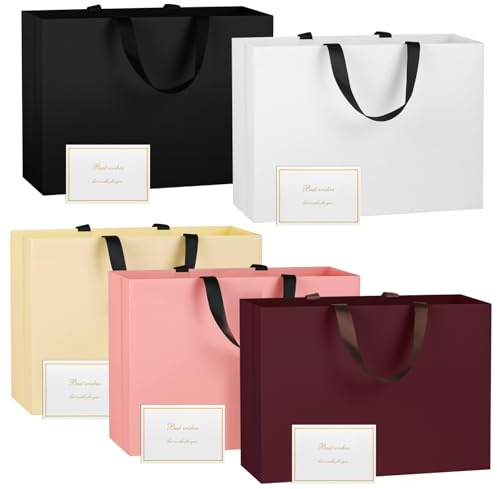 NAHRMY 5 Stück Extra Große Geschenktüte mit Henkel 43 x 32 x 13 cm, Geschenktüte Groß Papiertüten Gemischte Farben mit Grußkarten für Geburtstag Hochzeit Weihnachten Party Feier