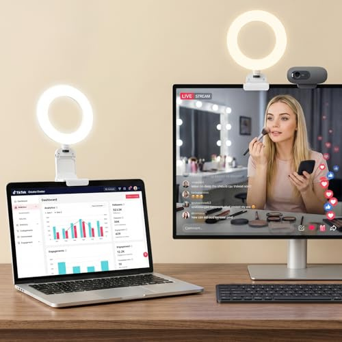 Ring Light with Stand for Laptop Computer Desk, 5 light Ring for Video Calls Conference, 3000K to 6500K Continuous Output Lighting for Webcam, Monitor, Selfie, Zoom Meeting, Makeup, Tiktok(White)