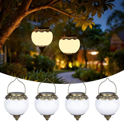 4 Stück Solarlampen für Außen Hängend mit Erdspieß, Solarlaterne für Außen Vintage, IP65 Wetterfest Solar Laterne Outdoor Warmweiß für Hof Rasen Hinterhöfe Veranda Deko, Weihnachtsgeschenke Frauen