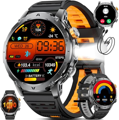 SUNKTA Smartwatch Herren Militär 1000 mAh großer Akku 1,7″ HD Bluetooth Anrufe Smartwatch für iOS Android Fitnessuhr,Herzfrequenz/Schlafmonitor/Schrittzähler,3 Armbänder,2 Ladegeräte,Schwarz Sportuhr
