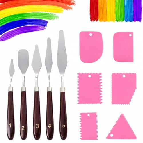 11 Pcs Palette Knife Set, 5 Pcs Pallet Knife Painting Tools with 6 Plastic Scraper Stainless Steel for Oil Painting Palette Knife Art Supplies