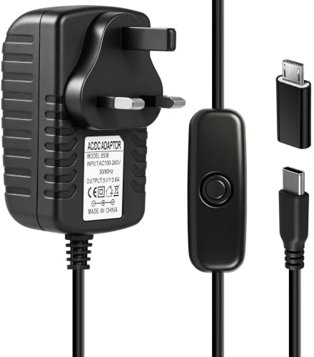 USB-C Power Supply for Raspberry Pi 4 Charger With On Off Switch 5V 3.6A | 18W Type C PSU with Micro USB Adapter UK Plug Compatible with Raspberry Pi 4B/3B+/3B Orange Pi 5/5B/5 Plus