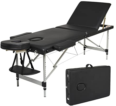Mondeer Table de Massage Pliante, Lit Cosmétique Pliante Aluminium Professionnel, Lit de Massage Portable, avec Housse de Transport,3 Zone, Noir