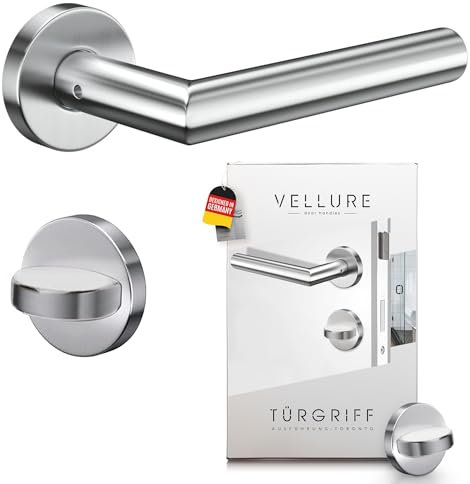 Vellure® Türgriff Set aus Edelstahl (Inkl. Bohrschablone & Montageanleitung) Türklinken Innentüren Set - Türbeschlag - Türgriffe Innentüren - Drückergarnitur Zimmertüren (WC - Für Badezimmertüren)