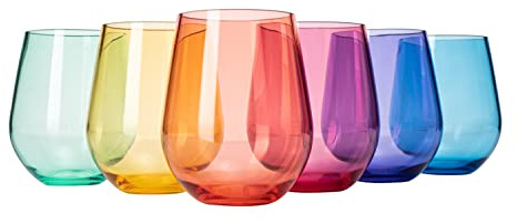European Style Plastic Crystal Unbreakable Stemless Wine Glasses | Set of 6 | Acrylic Glasses Tritan Drinkware Bright Color Shatterproof BPA-free, Reusable, Outdoor, Pool, Indoor, Hand Wash 15oz Gift
