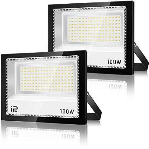 VRFMALIY Projecteur LED Extérieur 100W 2 Pièces, 10000LM Superlumineux, IP67 Étanche, 7000K Blanc Froid pour Cour, Jardin, Garage