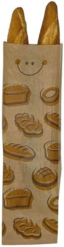 BALSAT Bolsas de Papel Kraft para Panadería | Estampado Atractivo de Pan y Caritas | Seguras y Cómodas | Varias Medidas | Resistentes y Evitan el Aplastamiento | 1000 Uds 9x51cm (1 Baguet estrecha)