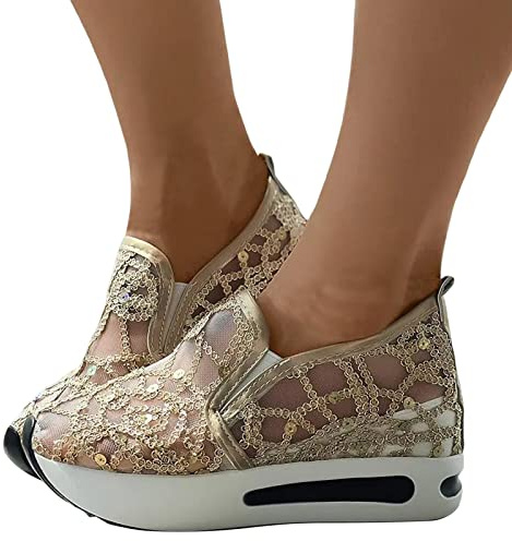 KBOPLEMQ Scarpe da ginnastica da donna con paillettes, tacco a cuneo, scarpe traspiranti con punta tagliata, scarpe in tessuto, scarpe da corsa estive per donne, scarpe da passeggio all'aperto, scarpe