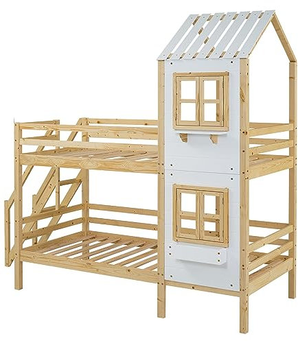kubeier Hausbett Etagenbett mit Treppe & Fenster, 90x200cm Etagenbett mit Lattenrost Hausbett für Jugendliche Hausbett aus Holz Kinderbett Jugendbet, Weiß+Natur, ohne Matratze
