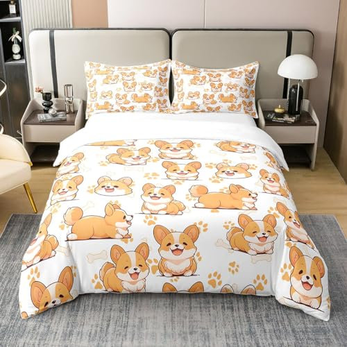 Corgi 100% Natur Baumwolle Bettbezug 135x200,Kawaii Puuppy Fußabdruck Hund Liebhaber Super weiche Bettwäsche Set für Schlafzimmer, Aquarell Tiere Comforter Cover Bettwäsche Bettwäsche (kein Tröster)