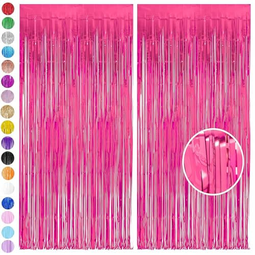 Hot Pink Tinsel Curtain Party Backdrop, 2pcs 3.2ft x 6.5ft Foil Curtain Decor, Rose Red Fringe Metallic Door Hanging Flow Silk Streamers for Birthday Wedding Holiday Party
