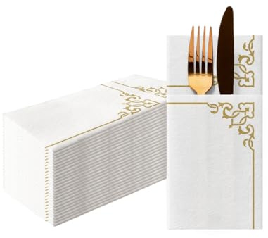 PAW - Servietten aus Airlaid - Stoffähnlich (1/8 pocket) I 25 Stück I Ideal für Hochzeit, Taufe, Kommunion, Geburtstag I Hochwertige Tischdeko Stoffservietten - Goldrahmen I Elegant Frame gold