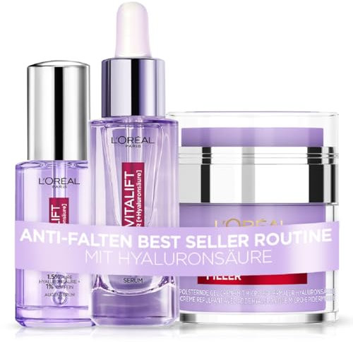 L'Oréal Paris Revitalift Filler Serum, Augenserum & Filler Gel Cream, Anti-Aging Gesichtspflege, Anti-Falten, Mit 1,5% purer Hyaluronsäure und Vitamin C, 3-teilig