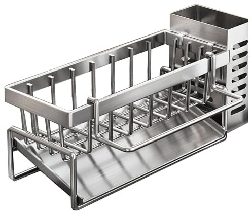 AADDFDD Organisateur Evier, Égouttoir de Cuisine avec Plateau de Drainage, Range Eponge INOX, Étagère à Épices pour Vaisselle Brosse Savon Silver with Rod