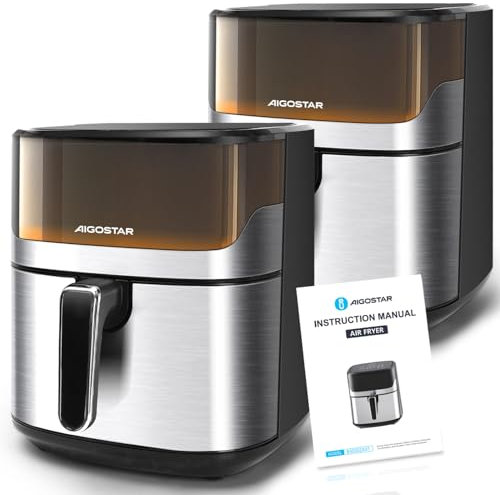 Aigostar Freidora de Aire 6.5L, Freidora sin Aceite con Ventana, 10 programas, Pantalla Digital Táctil, Precalentamiento Inteligente, Descongelación, DIY, La luz es controlable, Acero Inox. 2 Piezas