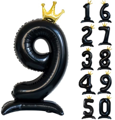 42 tum (ca 107 cm), svart sifferballong, stående siffra 9, luftballong med krona, svart kronaballong, siffror 0–9, stora heliumballonger för födelsedag, fest, dekorationer, bröllopsdekoration
