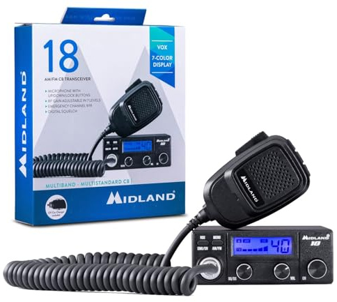Midland 18 CB-Funkgerät mit LCD-Display, VOX Freisprechfunktion, 12V Anschluss, Multistandard, S-Meter, RF-Verstärkung, für Auto und LKW, schwarz