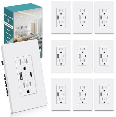 BESTTEN 10 Pack USB Outlet, 15 Amp Wall Outlet with USB Ports, 4.8A/24W USB Receptacle with Type C & Type A Ports, Tamper-Resistant, Screwless Wallplate Included, UL Listed, White