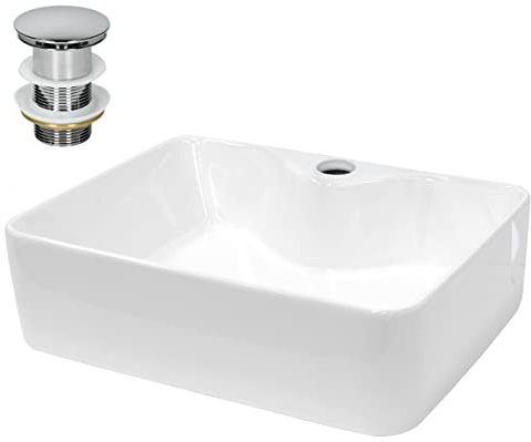 LuxeBath Waschbecken Keramik 480x380x140 mm eckig Weiß mit Ablaufgarnitur Silber, Aufsatzwaschbecken für Badezimmer/Gäste-WC, Modernes Aufsatzbecken, Waschtisch Waschschale Waschplatz Handwaschbecken
