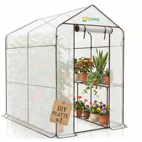 Sekey Gewächshaus mit DIY-Zusatzregal, 190x186x120cm, Foliengewächshaus | Begehbares Tomatenhaus Winterfest & Stabil, für Tomaten, Pflanzen & Kräuter, UV-beständige Gitterfolie, Werkzeuglose Montage