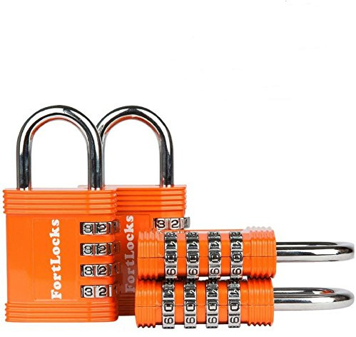 FortLocks Padlock - 4 Digit Combination Lock for Gym Outdoor & School Locker, Fence, Case & Shed – Heavy Duty Resettable Set Your Own Combo – Waterproof & Weatherproof (4 Pack - Orange)