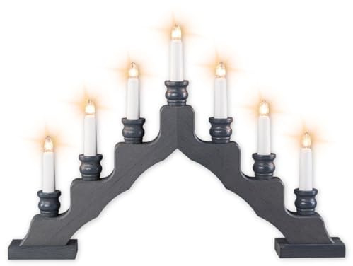 WEIGLA - Schwedenleuchter original Erzgebirge I Trendiger Schwede GRAU I LED I Schwibbogen Weihnachten I 7 Lampenkerzen + 1 Ersatzlampe I 7 x 34 V, 0,2 W, E10 I Weihnachtsdeko innen I Kiefernholz