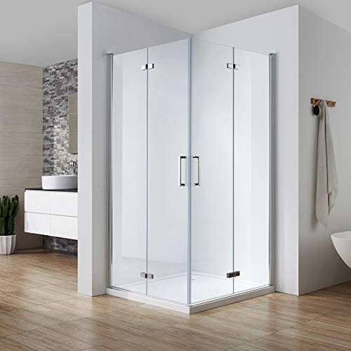 Shower Hinged Door in Corner with Diagonal Entry, 80 x 80 cm, Folding Door 180°, Double Folding Wall Corner Entry, Height 195 cm, 6 mm Tempered Safety Glass, Nano Real Glass, Shower Enclosure with