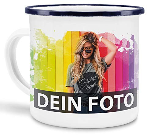 Tasse selbst individuell gestalten/Personalisierbar mit eigenem Foto bedrucken/Fototasse/Motivtasse/Werbetasse/Firmentasse mit Logo/Emaille - groß - Rand Blau