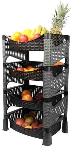 Violet House 4 Tier Plastic Rattan Style Fruit Vegetable Kitchen Storage Rack Veg And General Use Standing Shelves. (Black)