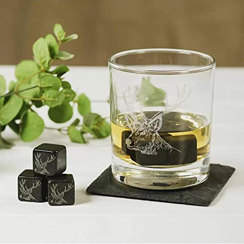 The Just Slate Company Whisky-Steine mit Hirsch-Motiv, 6 Stück aus Granit Speckstein, Grau, Hellbraun