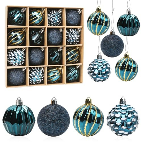 Bolas de Navidad Azul, 16pcs 6cm, Adornos para Árbol de Navidad, Bolas de Plástico con Gancho para Decoración Casa