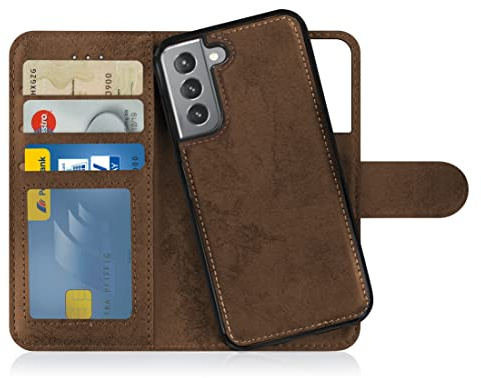 MyGadget Flip-fodral till Samsung Galaxy S22 - [avtagbart magnetfodral] - mobilfodral av konstläder - [flipfodral med kortplats] skyddsfodral i brunt