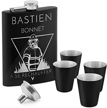 Maverton Flasque en Acier Inoxydable pour lui - Portable Flasque avec gravure - Set avec 4 verres à shot en acier - Pour hommes - Flacon personnalisé pour anniversaire - Pompier
