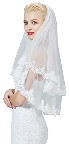 BEAUTELICATE Brautschleier Hochzeitsschleier Schleier Blusher Für Braut Hochzeit Weiß Elfenbein Mit Spitze Und Metall Kamm Ellenbogenlänge 2 Schicht V125