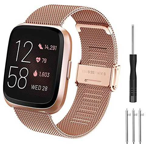 Hatolove Armband för Fitbit Versa 2 för kvinnor och män, metallarmband i rostfritt stål ersättningsarmband kompatibel med Fitbit Versa 2/Versa Lite/Versa SE, Roséguld, Klassisk