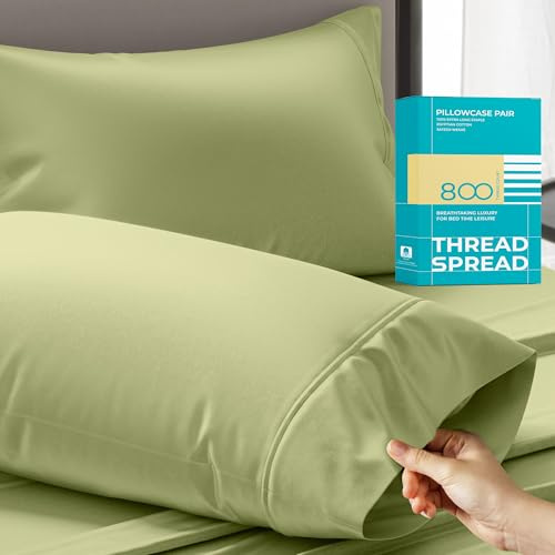 THREAD SPREAD 100% Egyptian Cotton Pillow Cases King - 800 Thread Count Pillowcases King Size Set of 2, Cooling & Breathable Extra Long Staple Sateen Weave Cotton Pillow Covers for Bed - Sage Green