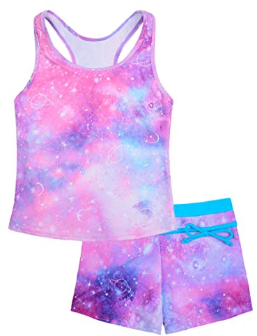Uhnice Girls Swimsuit Two Piece Tankini Swimwear with Boyshort (Galaxy Purple, 2XL/8-9 Years)