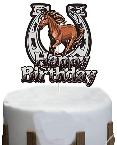 KEWEYA Horse Happy Birthday Cake Topper Horse Farm Animal Themed Birthday Party Decoration Racing Horse Brown Glitter Cake Decor Supplies