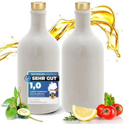 Ludwig- Feuerfest Feinschmecker Essig & Öl – Flaschen mit Ausgießer, Handgefertigtes Geschenkeset Made in Germany. Einzigartig, zeitlos und chic. Ausgießer in Deluxe- Gold (2x 500ml weiß)