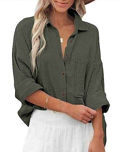 Zitiki Bluse Damen Baumwolle Lässiges Hemd V-Ausschnitt Langarm Elegant Oberteile Lose Shirts mit Brusttaschen