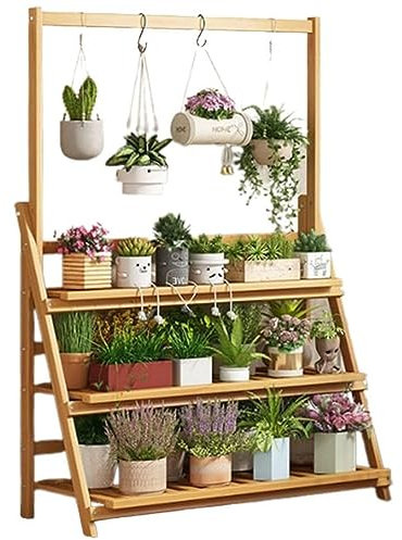DECORN Pflanzenständer Klappbare Leiterregale - 3-stufiges Blumenregal aus Bambus mit Hängekorb - Blumentopf-Organizer, Ausstellungsregale, Ausstellungsregale für Wohnzimmer, Schlafzimmer,80cm L