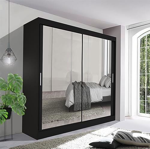 German Sliding Wardrobe Spacious Bedroom Sliding Wardrobe - Sleek and Functional Design comes in White/Grey/Black/Oak and Width 100cm/120cm/150cm/180cm/203cm/250cm (Black, 203cm)