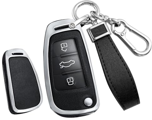 TECART Leder Klapp Autoschlüssel Hülle Cover Passt für Audi A1 A3 A4 A6 A8 Quattro Q2 Q3 Q7 S3 S6 RS3 RS6 R8 TT TTS Tragbar Smart Schutzhülle Schlüsselcover Zubehör 3 Taste B Silber Schwarz